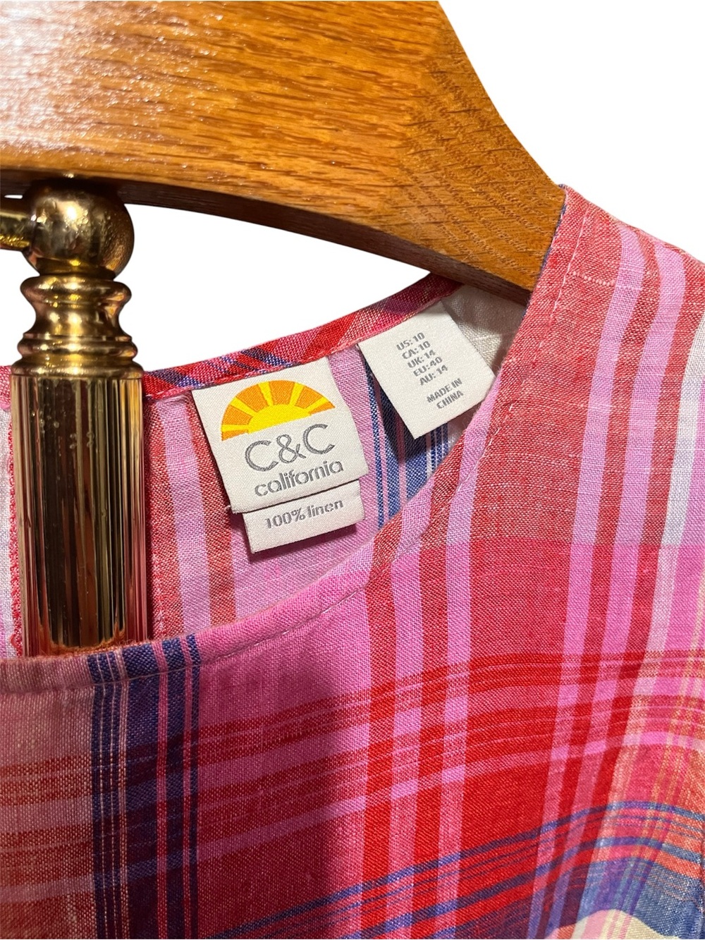C&C California 100% Linen Pink, Red & Green Plaid Shift Tank Dress Large - Picture 3 of 9